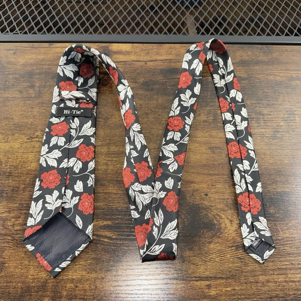 Hi-Tie Black Red Floral Tie Pocket‎ Square Set Mens Necktie Gray Leaf Slim